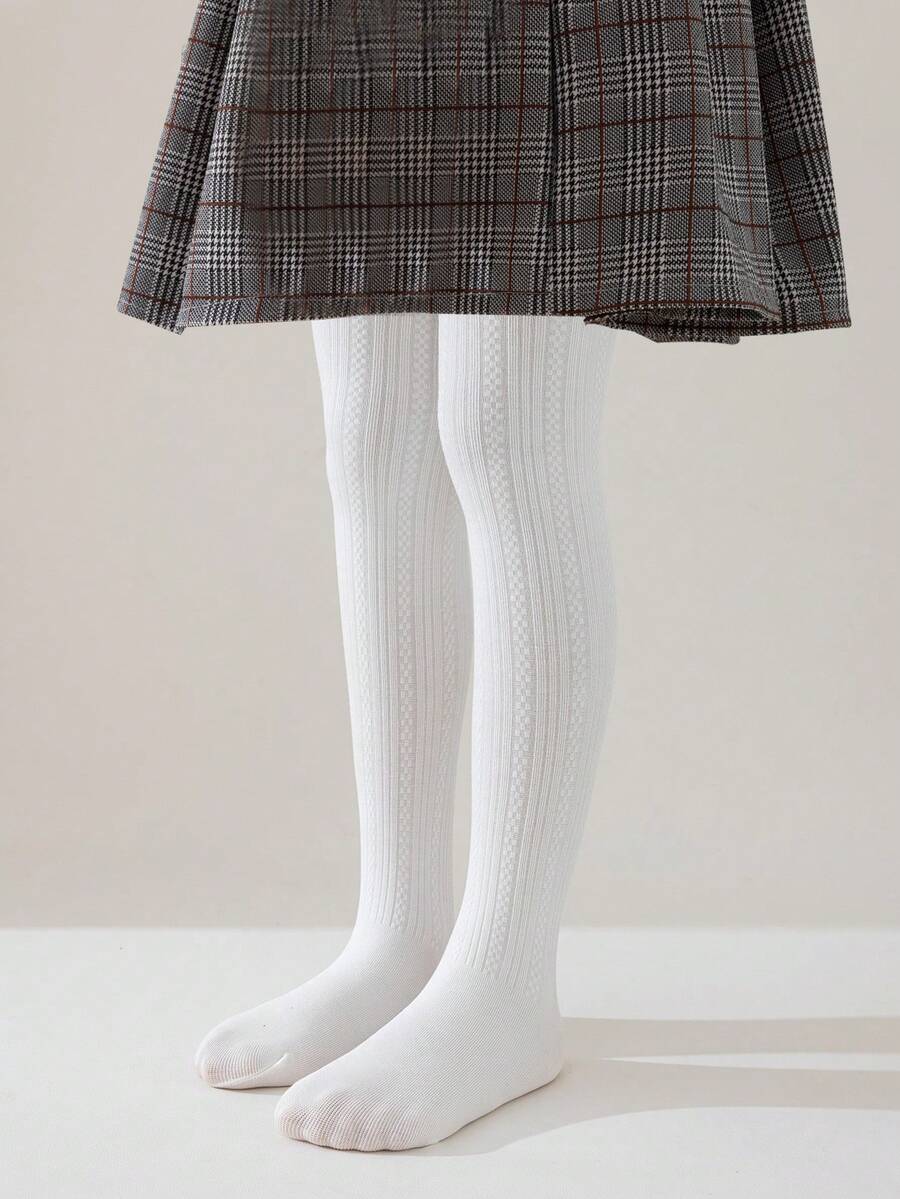 1pc Girls/Toddlers/Kids Vertical Striped Tights, White Solid Color Footed Pantyhose, Striped Leggings, Cute Princess Style Footless Tights, Spring Full Length Pants, All Season Dance Socks, Suitable For Daily Jumpsuits, Fashion Versatile Dance Pants, Outdoor Leggings, Back To School Season, Students, New Semester - White - View 1