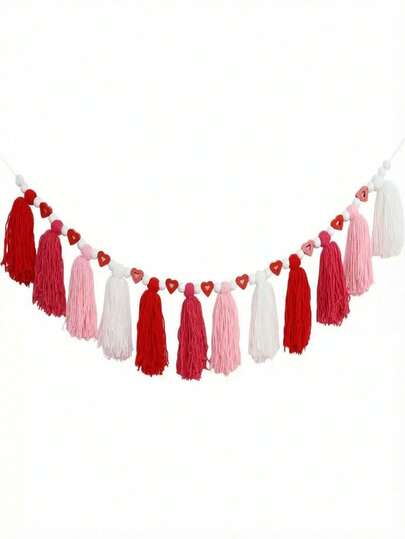 1pc Bohemian Style Valentine's Day Heart Shaped Floral Wreath - Red, Pink, White Fabric Tassel Garland, Romantic Wall Decor, Multipurpose Non-Electric Holiday Home Decoration, Ideal Valentine's Day Gift