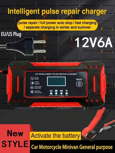 12V 6A Car Lead-Acid Battery Charger, Intelligent Automatic Motorcycle Lead-Acid Battery Pulse Repair, LCD Display, For AGM & Deep Cycle Gel Lead-Acid Battery Repair Charger, EU/US Plug (Not Suitable For Lithium Batteries)