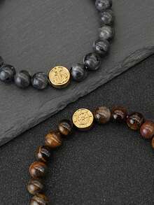 1件男士石珠手链导航指南针手链手工串珠饰品 - 金色 - 查看 3