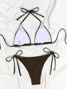 Striped Contrast Color Casual Cute Elegant Sexy Knotted Backless Tie-Up Bikini, Suitable For Stage, Concert, Holiday, Beach, Spring/Summer - Brown - View 2