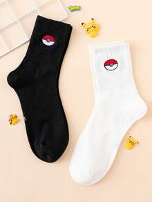 pokemon 2 双男士刺绣宝可梦系列皮卡丘图案趣味卡通中筒袜，男女通用，适合运动，四季皆宜，欧美尺码，舒适透气，经久耐穿，色彩丰富，适合日常穿着，采用优质面料制成，不闷热。 - 黑與白 - 查看 3