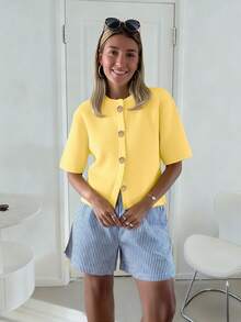 秋夏季女装时尚法式柔软蜡面高级感宽松针织开衫女士短款慵懒风毛衣上衣休闲 - 黃色 - 查看 4