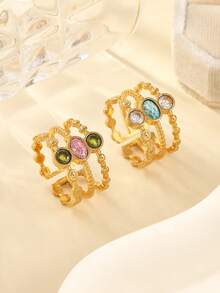 两件套不锈钢优雅金色开口戒指，镶嵌粉色和蓝色宝石，适合女士日常佩戴或作为礼物 - 金黃色 - 查看 2