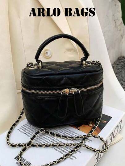 Black Mini Quilted Zipper Bucket Bag, Fashionable Business Casual Handbag For Women, Suitable For Office, Business And Work, Japanese Style, Compact And Portable