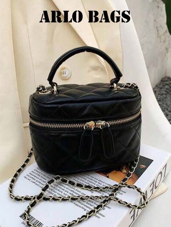 Black Mini Quilted Zipper Bucket Bag, Fashionable Business Casual Handbag For Women, Suitable For Office, Business And Work, Japanese Style, Compact And Portable