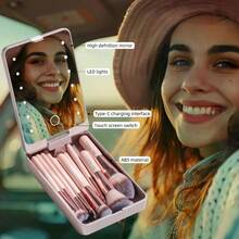 Makeup Brushes Foundation Powder Concealers Eye Shadows Makeup Set With LED Light Mirror 14 Pcs Mini Makeup Brushes APINK - BlackWhitePink - View 5