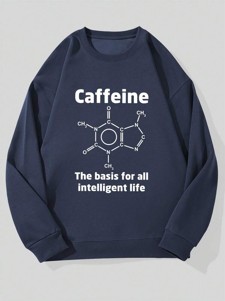 Sudadera casual de cuello redondo con patrón básico de vida inteligente para hombres con cafeína - Azul Marino - Añade 6