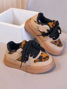 1 Pair Unisex Leopard Print Flat Sneakers, Soft Sole Non-Slip Casual Toddler Shoes, Fashion Versatile Children Canvas Shoes, Suitable For All Seasons - Khaki - View 5