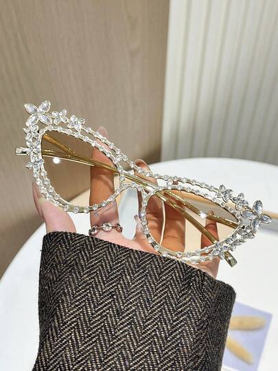 1 Pair Women's Elegant Cat Eye Glasses, Floral Rhinestone Embellished, Solid Color Bohemian Copper Alloy Frame, Suitable For All Seasons