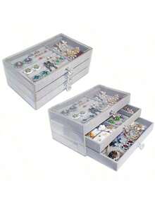 1pc 3 Layers Clear Plastic & Velvet Drawers Jewelry Storage Box, Organizer For Rings, Necklaces, Bracelets, Earrings And Pendants, Three-Layered Jewelry Manager, Women's Day Gifts, Christmas Gifts, Halloween Gifts, And Ladies' Gifts, - 彩色 - 查看 6
