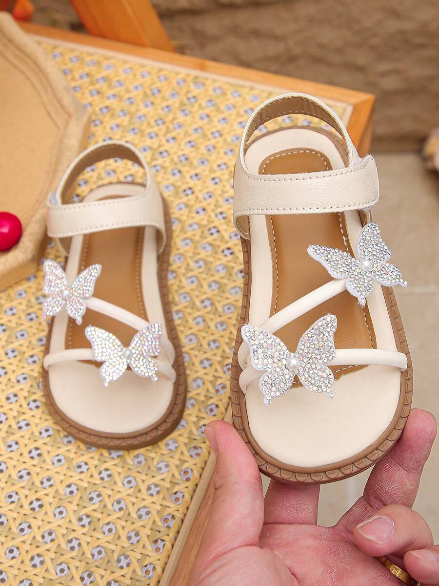 2026 New Girls Shoes: Flat Sandals, Rhinestone Butterfly Sandals, Princess Shoes, Super Soft Rubber Soles, Beach Shoes, Camping Shoes, Party Shoes - Beige - View 1