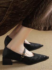 女士复古玛丽珍单带皮鞋；新款时尚尖头粗跟低帮女鞋，秋季必备 - 黑色 - 查看 2