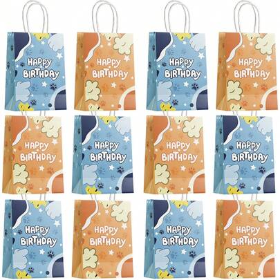 16个装狗狗爪印图案生日礼品袋，两种款式可选，色彩鲜艳，结实耐用，适用于生日派对礼品包装、庆祝活动、轻便设计、优质材料、节日送礼。