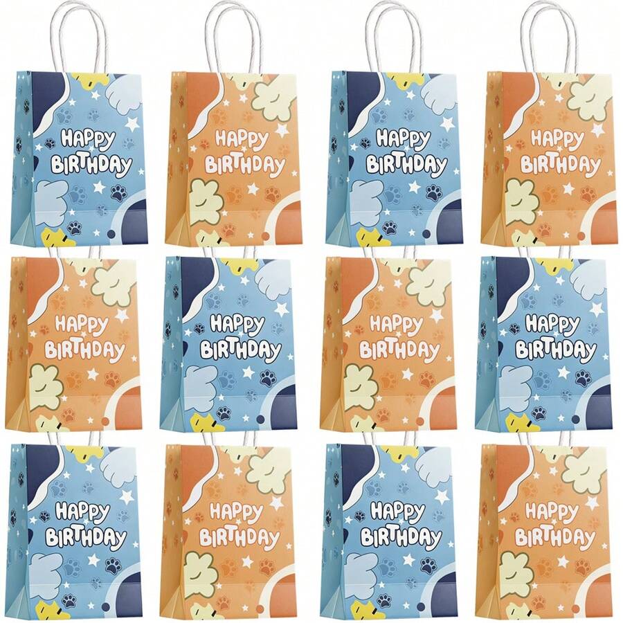 16个装狗狗爪印图案生日礼品袋，两种款式可选，色彩鲜艳，结实耐用，适用于生日派对礼品包装、庆祝活动、轻便设计、优质材料、节日送礼。 - 彩色 - 查看 1