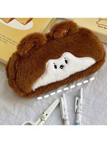 1pc Cute Plush Funny Cartoon Stationery Pouch, Minimalist Large Capacity Pencil Case, High-Quality Squirrel Design Stationery Organizer Bag, Coin Purse, Makeup Bag, Suitable For Middle And High School Students, Girls School Supplies - Brown - View 12