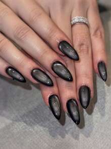 24pcs Cat Eye Nail Stickers, Medium Almond Shape, Black, Reusable, Full Coverage, Minimalist Style, Smooth Surface, Suitable For Women And Girls Daily Wear Nails Nail Supplies - Black - View 1