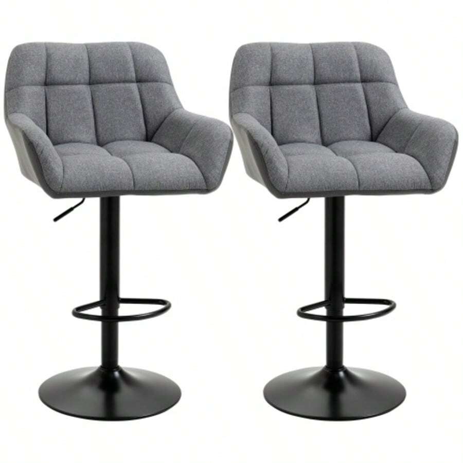 HOMCOM Kitchen Bar Stools, Set Of 2, Height Adjustable, 360° Swivel, With Backrest And Footrest, Linen Look, Up To 120 Kg, 57.5 X 52.5 X 93-114 Cm, Grey - Grey - View 1