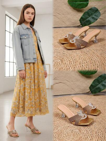 1 Pair Fashionable Glitter Leather Woven Strap Rhinestone Decor Slip-On Sandals With Transparent Stiletto Heel, Elegant And Lightweight, Suitable For Birthday, Party, Outdoor, Commute, Travel, Spring/Summer