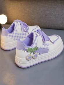 1 Pair Kids' New Fashion Soft-Sole Bow Knit Strap Cute PU Hook And Loop Outdoor Casual Versatile Flat Sneakers, Suitable For All Seasons - Purple - View 9