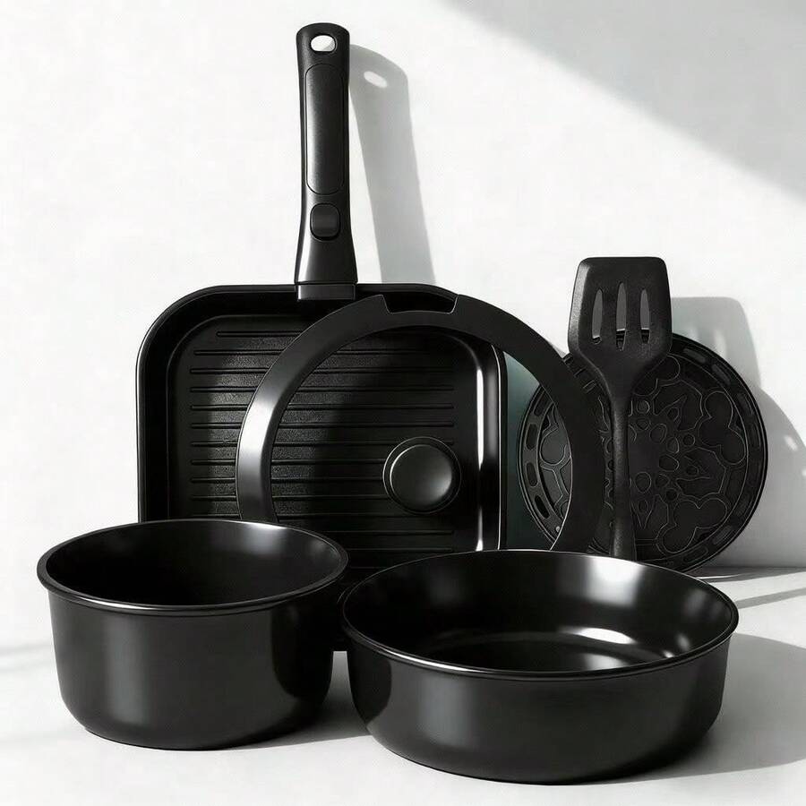 5pcs /7pcs/24 Pcs Pots And Pans Set Non Stick, Ceramic Cookware Set With Detachable Handles, Healthy Induction Cookware Oven RV Kitchen Set - Đen 7 chiếc - Xem 1