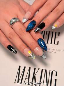 10 miếng dán móng tay acrylic thủ công, cỡ trung bình, hình hạnh nhân, màu xanh dương, đen, kiểu INS, kiểu Pháp, lấp lấp, đính đá, chấm bi, ombre, giá cả phải chăng, móng tay dễ thương, có thể tái sử dụng, bao gồm dụng cụ làm móng, phù hợp cho đi làm hàng ngày, dự tiệc và văn phòng, món quà tuyệt vời. - Nhiều màu - Xem 4