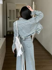 Casual Washed Vintage Denim Jacket, Turndown Collar, Long Sleeve Spring - Blue - View 9