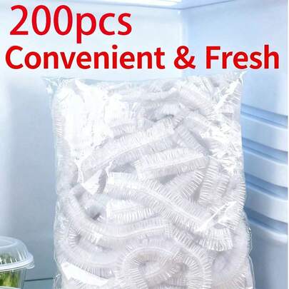 200/100片装升级加厚一次性保鲜膜，可拉伸食品保鲜膜，适用于碗、盘、水果和蔬菜 - 透明厨房保鲜膜、防尘罩、一次性食品保鲜膜、淋浴喷头罩、多用途一次性收缩袋、一次性鞋套、加厚厨房保鲜膜