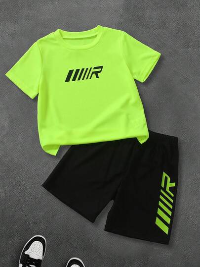 2-5 Years Toddler Boys' Fashion Sports Set, Letter Print Mesh Breathable Quick-Dry Blue T-Shirt Top And Shorts, Summer