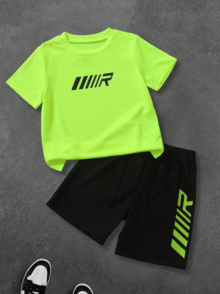 2-5岁男童时尚运动套装，字母印花网眼透气速干蓝色T恤上衣和短裤，夏季 - 綠色 - 查看 1