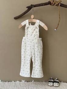 Baby Girl Cute Ditsy Floral Beige Bib Pants, Spring/Autumn (Shirt Not Included) - Beige - View 6