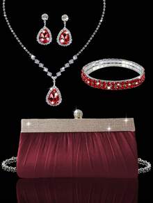 闪亮水钻晚宴手拿包，奢华新款女士派对和舞会包，迷人的水钻搭扣单肩包，搭配闪亮水钻三件套：项链、耳环和手链，非常适合派对、晚宴、舞会和婚礼。 - 酒紅色 - 查看 9