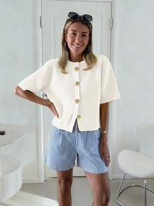 Áo khoác cardigan dệt kim mềm mại, dáng rộng, thời trang kiểu Pháp dành cho nữ, áo len dệt kim ngắn dáng rộng dành cho nữ, thích hợp cho mùa xuân/hè. - trắng - Xem 2