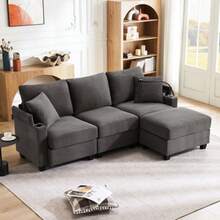 L-Förmiges Ecksofa, Umwandelbares 3-Sitzer-Sofa Mit Fußhocker, Getränkehalter, USB-Ladegerät, Armlehnenablage Und 2 Kissen, Geeignet Für Wohnzimmer/Büro/Wohnung, Dark Gray - Dark Gray - View 4