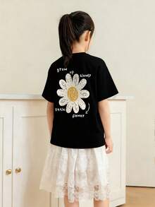 Girls/Teens Casual Print Black Round Neck Short Sleeve T-Shirt, Summer Top - Black - View 2