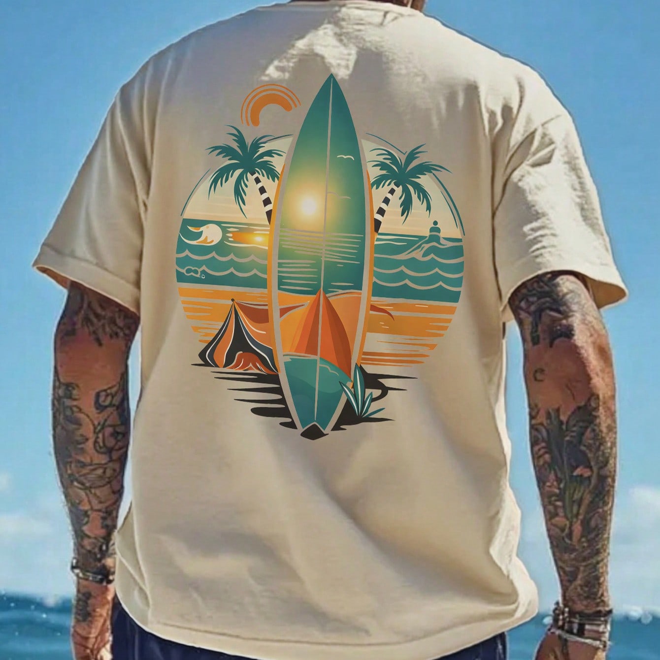 Camiseta de manga corta con estampado de elementos costeros de California, ilustración de surf y estilo casual de vacaciones, adecuada para el verano