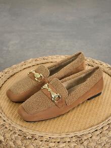 棕色平底玛丽珍鞋，百搭复古时尚户外低跟女鞋，豹纹印花，冬季乐福鞋，套脚式毛绒保暖方头鞋 - 棕色 - 查看 2