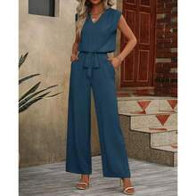 Two-Piece Set Women's Plain NotchedNeck Tank Top & Tie Front Pants Set,Casual Sleeveless Top & ElasticWaist Trousers For Summer, LadiesClothes For Daily Wear, Womenswear - 藍色 - 查看 8