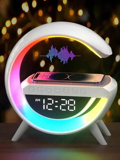 1/2pcs Multifunctional G-Shaped Bluetooth Speaker Digital Alarm Clock Lamp, Supports Wireless Charging & RGB LED Mood Lighting, Bedside Table Home Decor, Adjustable Lighting Modes, Suitable For Bedroom, Office, Gaming Desk, Bedside, Holiday Gift