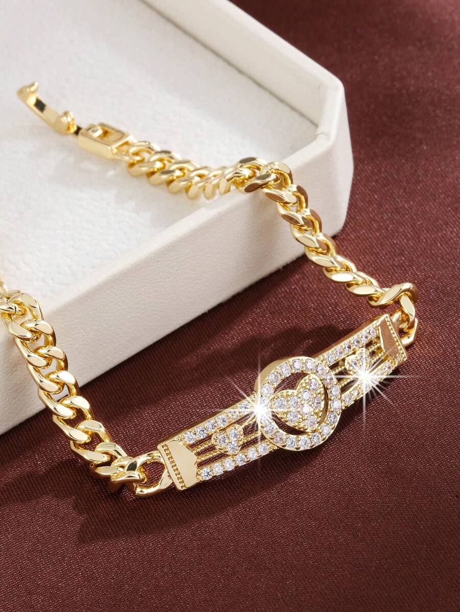 1pc Fashion Heart-Shaped Design Cubic Zirconia Inlaid Women's Bracelet, Couple Gift - Multicolor - View 1