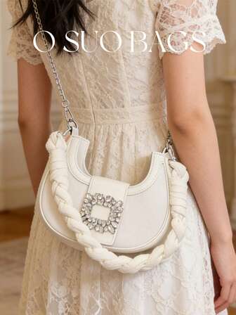 Mini White Denim Shoulder Bag, Fashion Rhinestone Underarm Bag, Elegant Crossbody Bag For Women