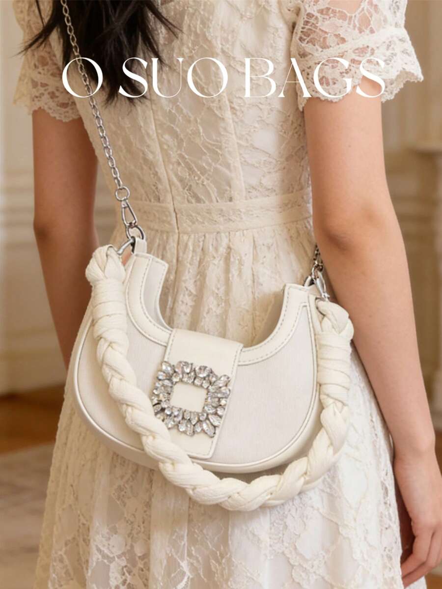 Mini White Denim Shoulder Bag, Fashion Rhinestone Underarm Bag, Elegant Crossbody Bag For Women