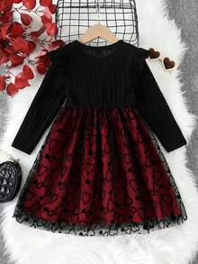 情人节女童磨毛罗纹短袖圆领长袖植绒爱心网纱连衣裙 - 黑色 - 查看 2