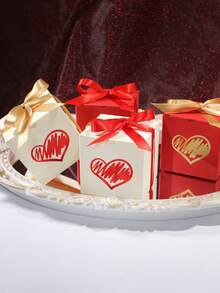 5pcs Valentine's Themed Mixed-Shape Favor Boxes, Stylish Heart & "LOVE" Design, Red/Gold/White Boxes With Satin Bows, Perfect For Valentine's Goodie Bags, Romantic Holiday Treats, Couple Gathering Supplies & Festive Decor - 6x6x6cm - View 2
