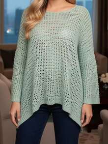 Áo len chui đầu dáng rộng casual màu trơn size lớn, áo dệt kim nữ size lớn thiết kế rỗng thời trang thanh lịch, mặc đi chơi, nghỉ dưỡng mùa hè - Xanh nhạt - Xem 4