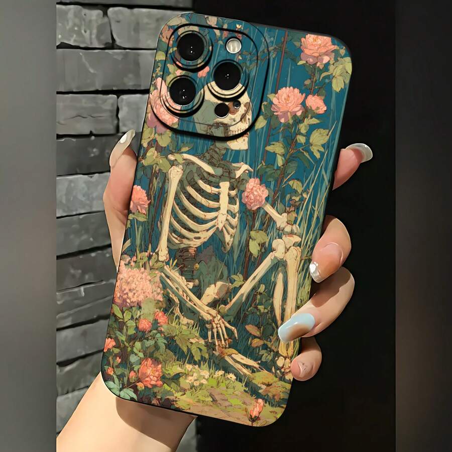 2026 nueva funda de teléfono esmerilada, funda de teléfono con patrón de esqueleto y flores para 17 15 Pro Max 17 14 Pro 17 13 Galaxy S23 S22 S21 funda de teléfono funda de pareja regalo para novio novia regalo de vacaciones - Azul Klein - Ver 1
