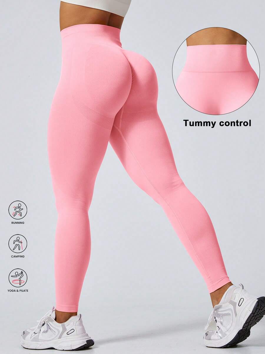 Women's Fashion Ruched Ankle Pants, Elastic Ribbed Leggings For Hiking & Sports Pink Spring - Pink - View 1