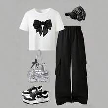 Conjunto de 2 piezas de top corto de punto con estampado de lazo con brillo y pantalones cargo de utilidad para niña preadolescente, ideal para uso casual y deportivo en vacaciones - Blanco - Ver 3