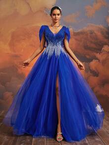 VIPGIRL Sequin Embellished Elegant Mesh Maxi Evening Gown, Navy Blue High Slit Formal Dress - Royal Blue - View 5