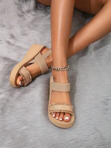 女士夏季坡跟凉鞋，厚底拖鞋，流苏撞色露趾沙滩鞋，适合旅行、度假，一脚蹬，棕色、卡其色，波西米亚风高跟鞋 - 棕色 - 查看 5